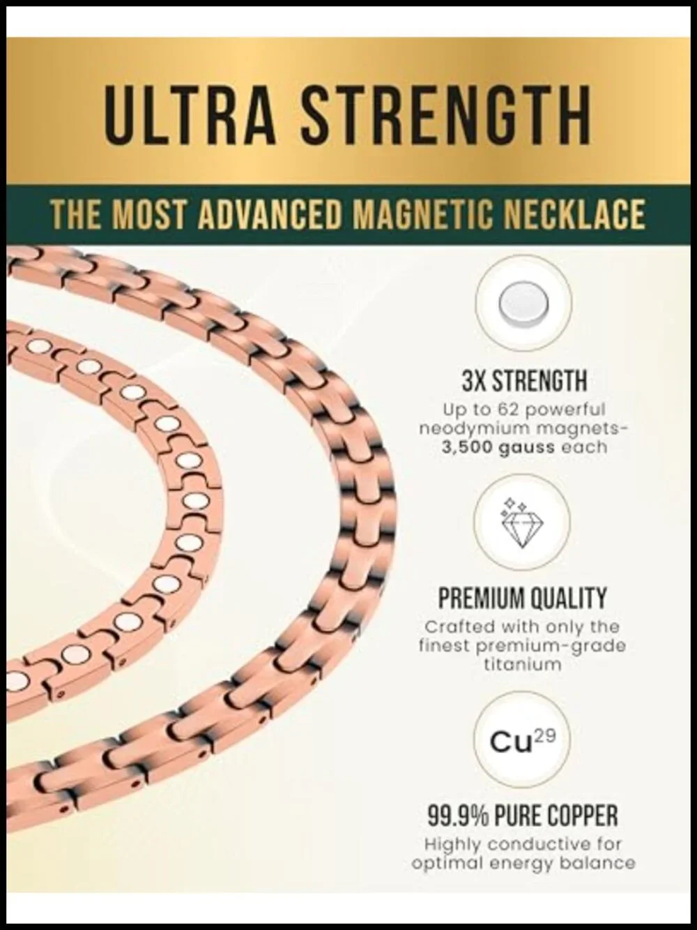 Ultra Strength Copper Magnetic Necklace with 62 Neodymium Magnets 22 Inch